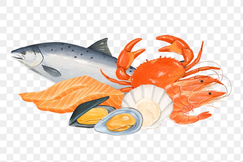 Seafood, fish, crab png digital paint, editable design