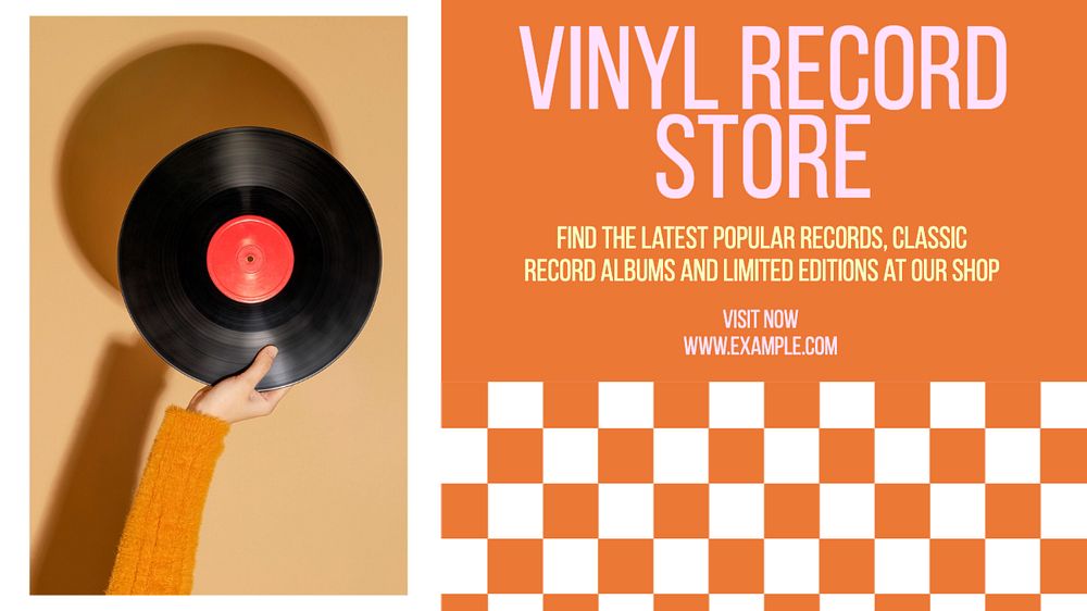 Vinyl record store  blog banner template, editable text