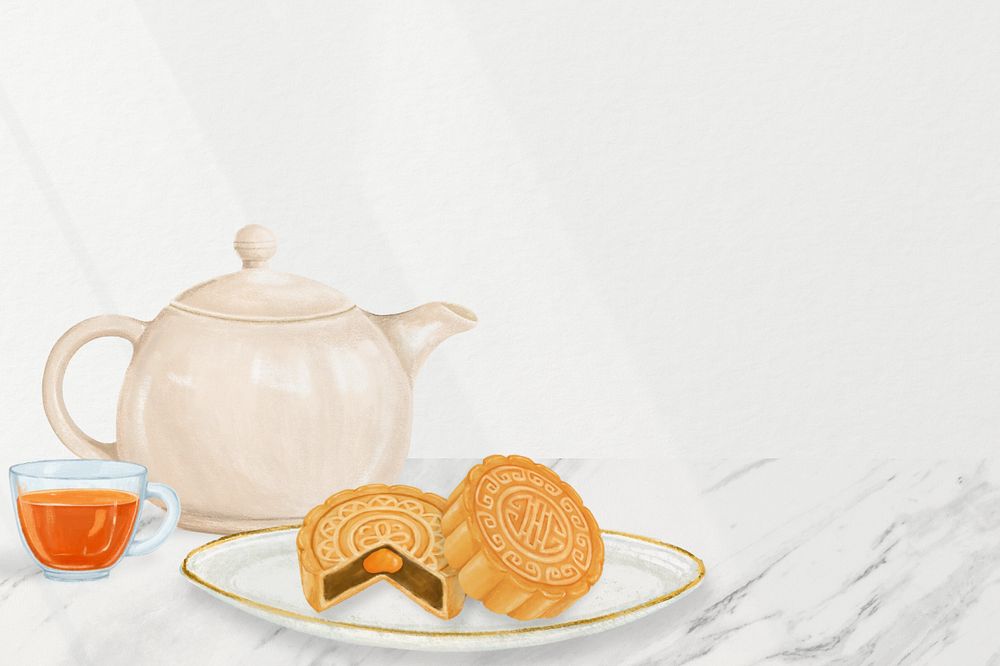 Mooncake and tea background, Chinese dessert border, editable design