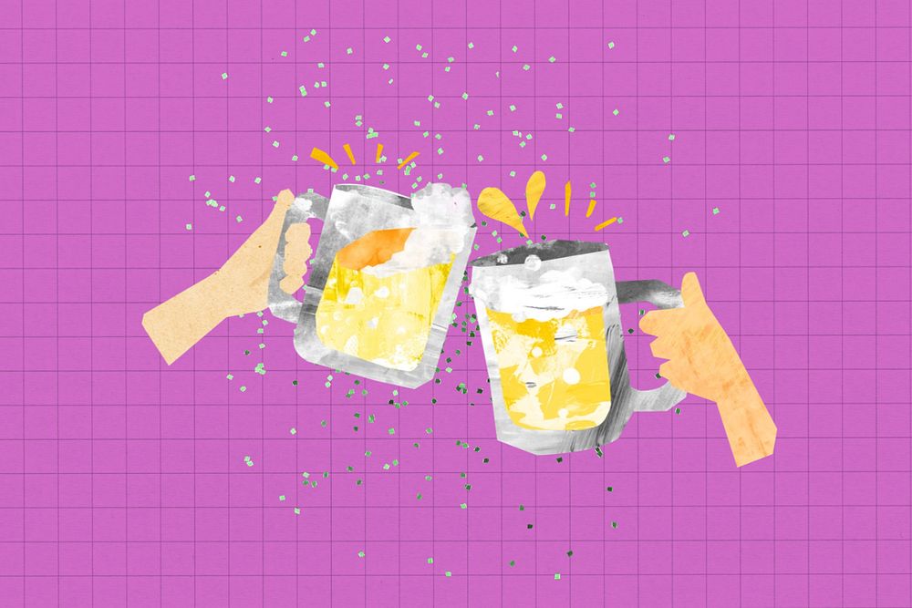 Cheering beer glasses, celebration paper craft collage, editable design