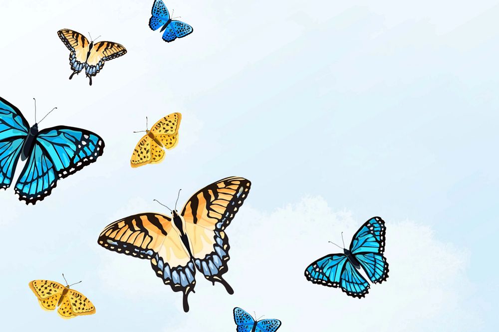 Editable beautiful blue yellow butterflies