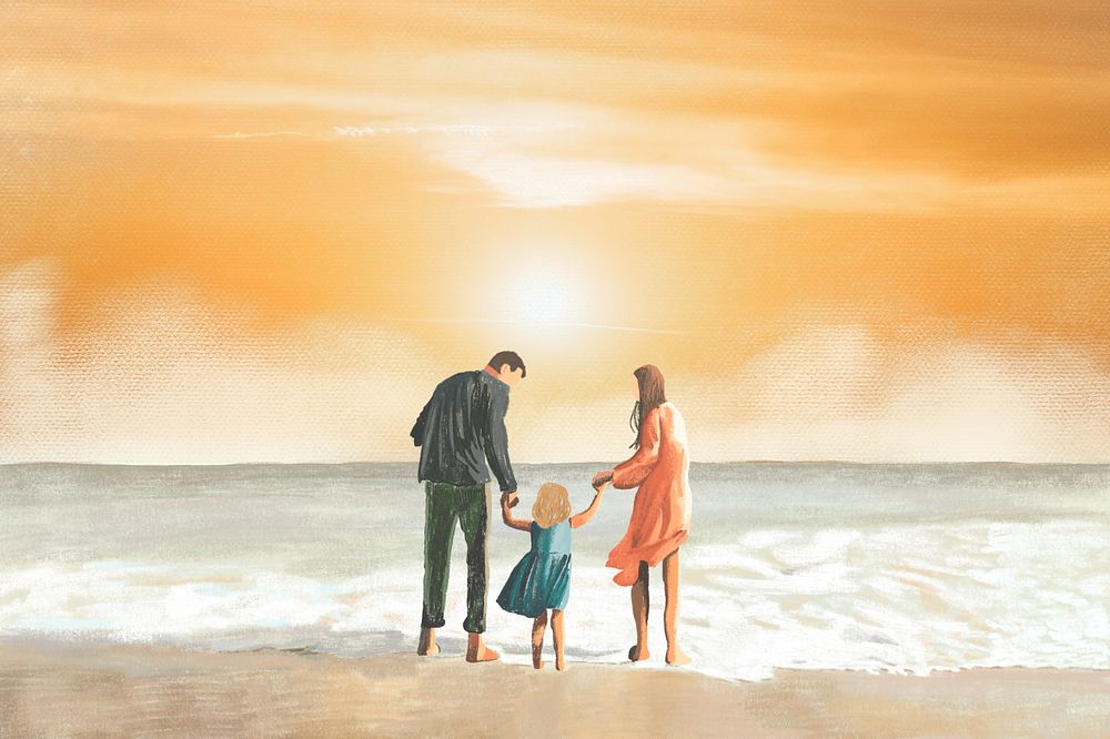 Family vacation, sunset illustration background, editable design