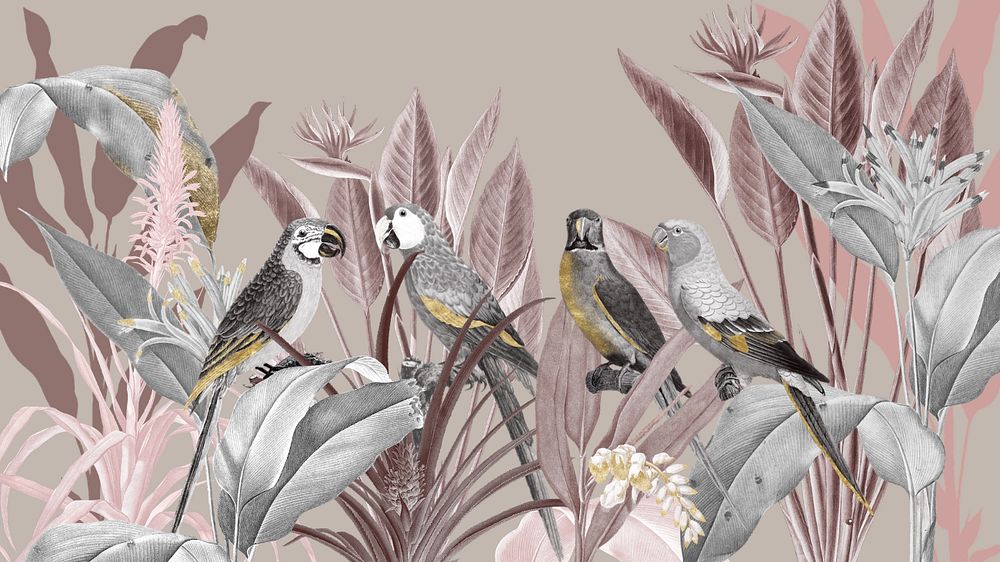 Vintage parrots, plant desktop wallpaper, editable design