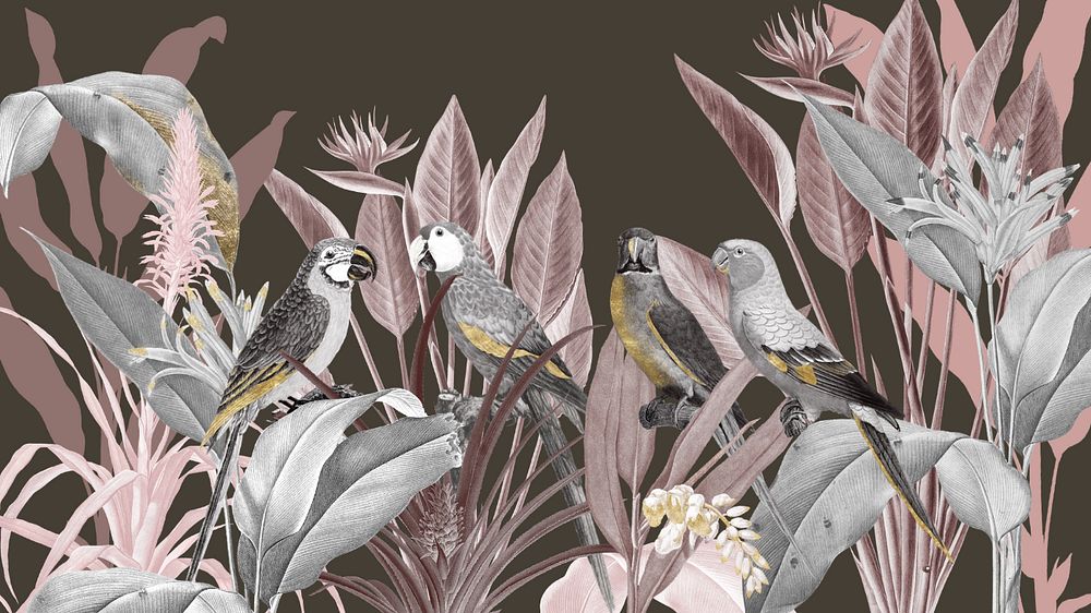 Vintage parrots, brown desktop wallpaper, editable design