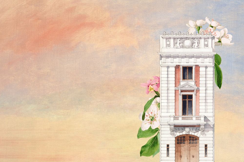 Watercolor building & flower, editable remix design