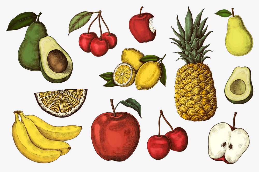 Colorful juicy fruit illustration set, editable design