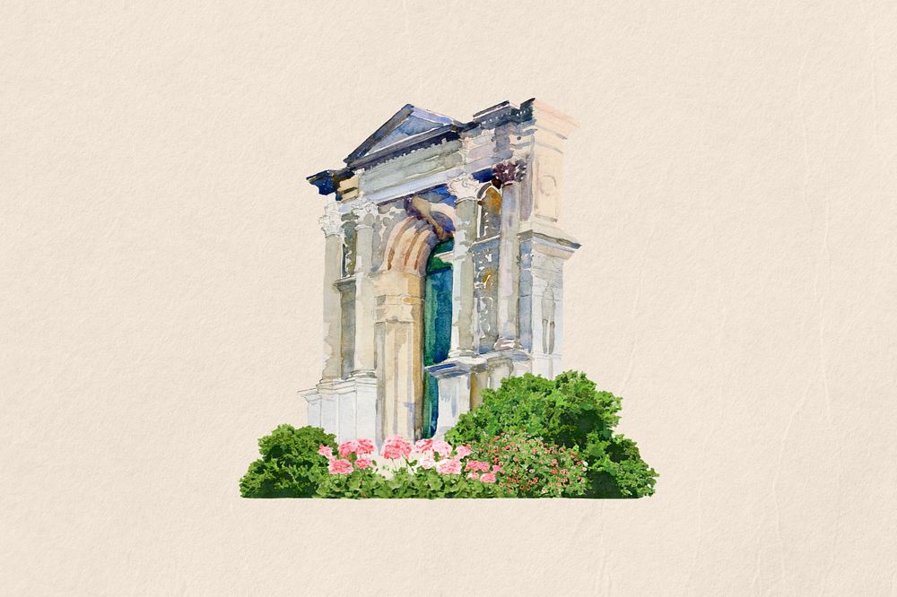 Watercolor building entrance, editable remix design