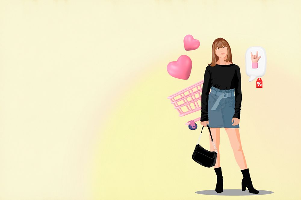 Woman shopping yellow background, 3d remix vector illustration