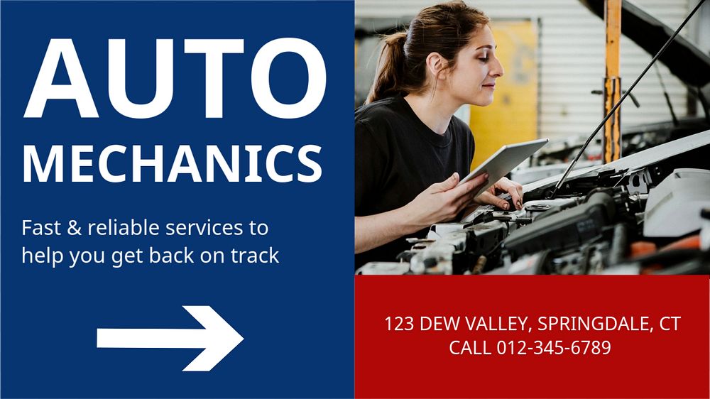 Auto mechanics blog banner template, editable text