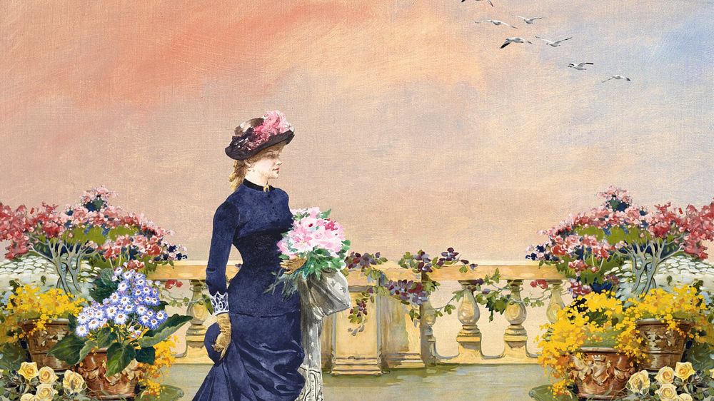 Editable watercolor Victorian woman at balcony, desktop wallpaper design