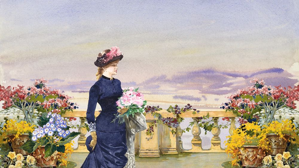 Watercolor woman at balcony, editable desktop wallpaper design