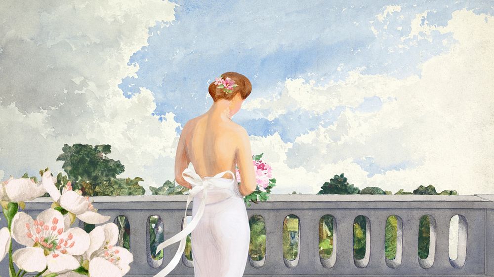 Watercolor bride at balcony, editable desktop wallpaper design