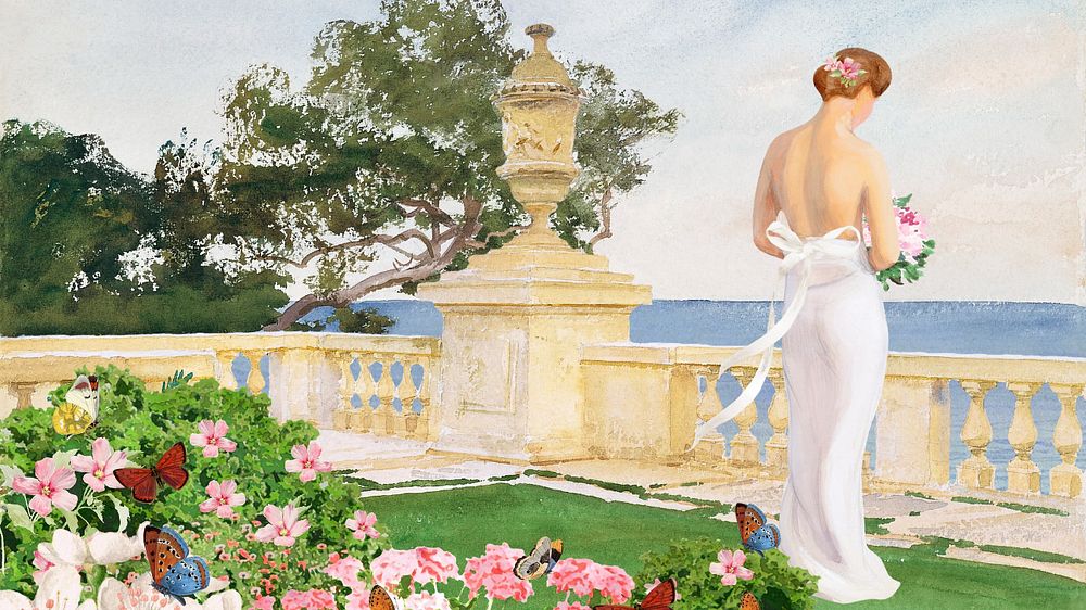 Watercolor bride at balcony, editable desktop wallpaper design