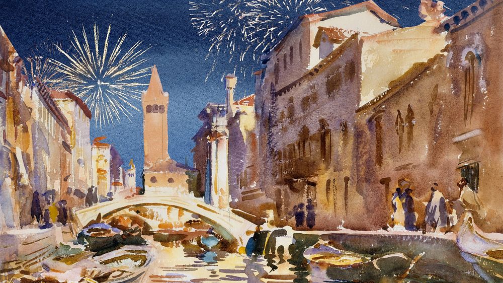 Watercolor festive Venice, Italy, editable desktop wallpaper design