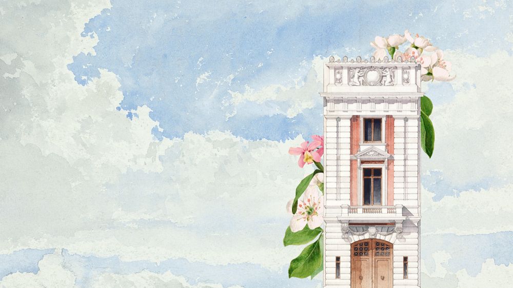 Editable watercolor building & flower, desktop wallpaper design