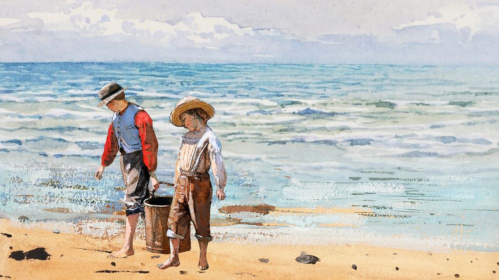 Editable watercolor boys at beach, desktop wallpaper design