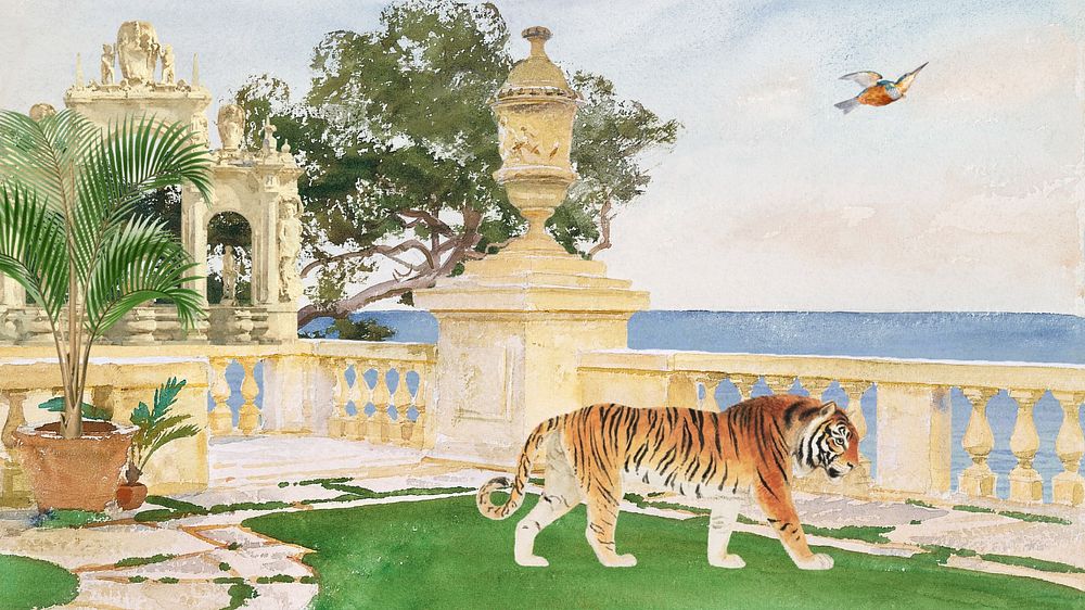 Editable watercolor tiger on balcony, desktop wallpaper design