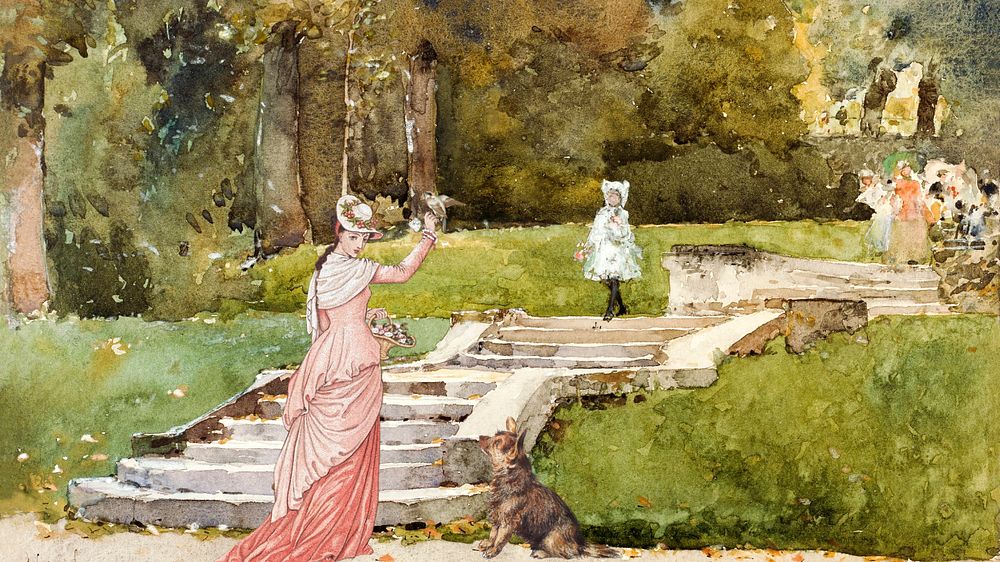 Editable watercolor woman& dog in park, desktop wallpaper design