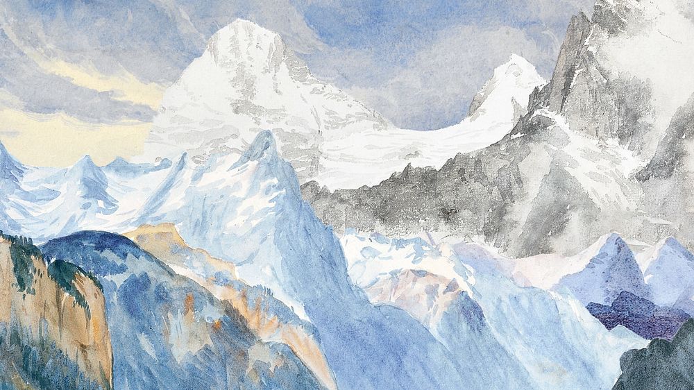 Editable watercolor snowy mountain range, desktop wallpaper design