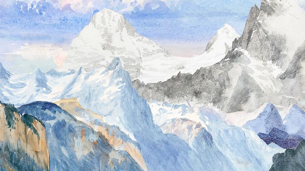 Editable watercolor snowy mountain range, desktop wallpaper design