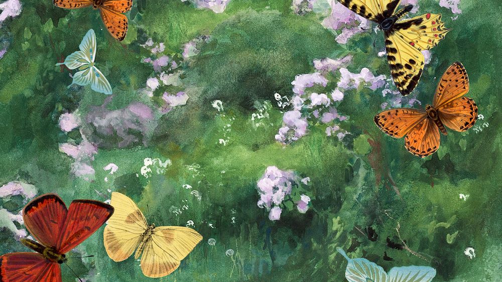 Editable watercolor butterflies in flower field, desktop wallpaper design