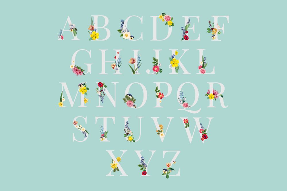 Floral alphabet, English capital letters, editable set