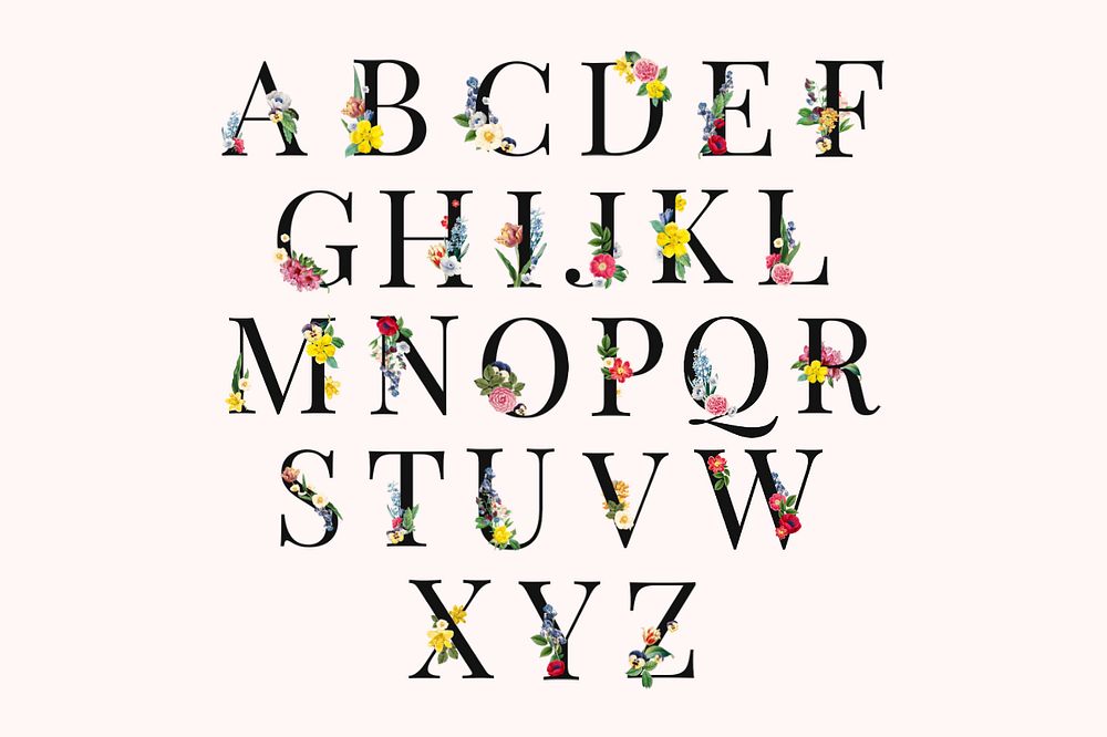 Floral alphabet, English capital letters, editable set