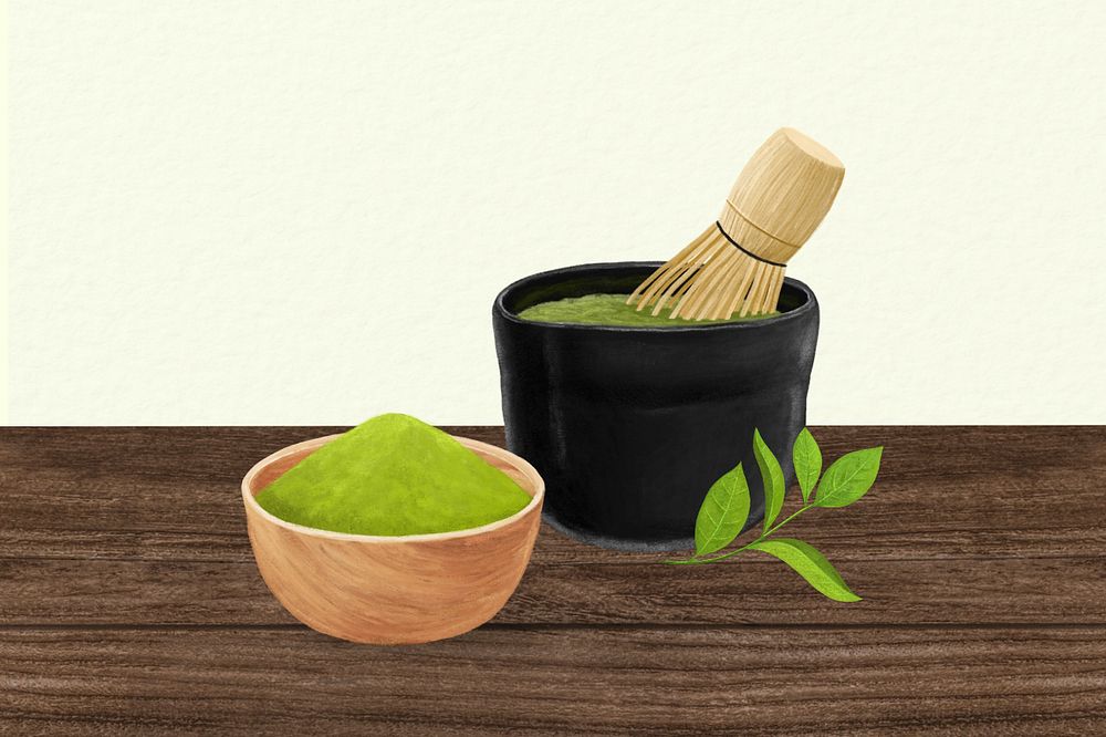 Japanese matcha, drinks illustration, green background, editable design