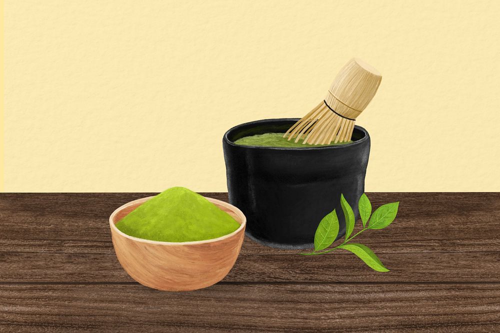 Japanese matcha, drinks illustration, yellow background, editable design