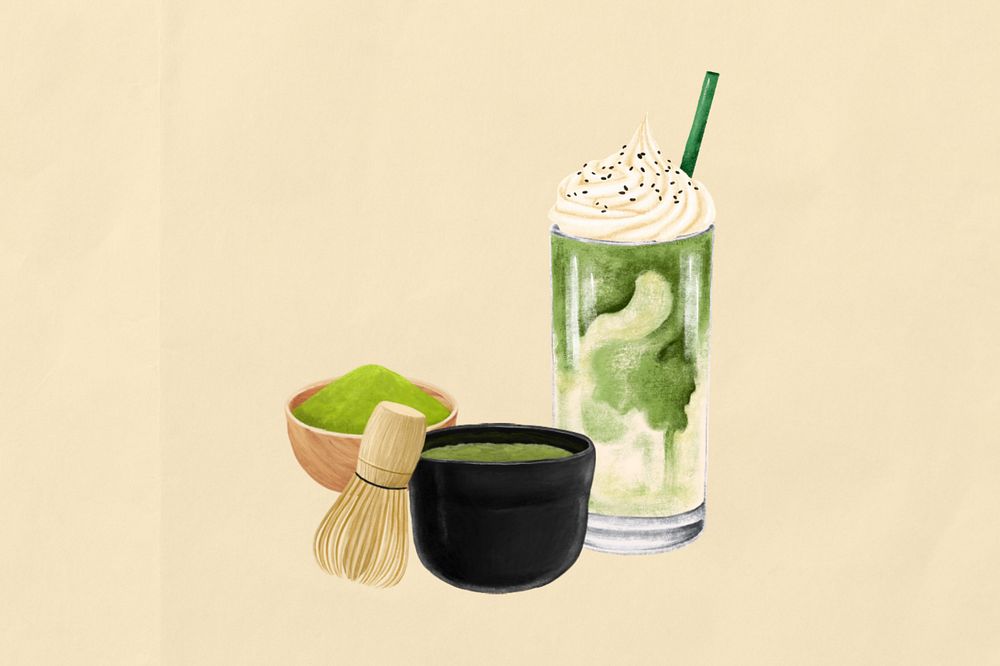 Matcha drink, cafe illustration, beige background, editable design