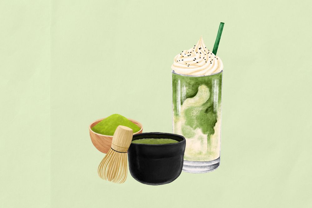 Matcha drink, cafe illustration, green background, editable design