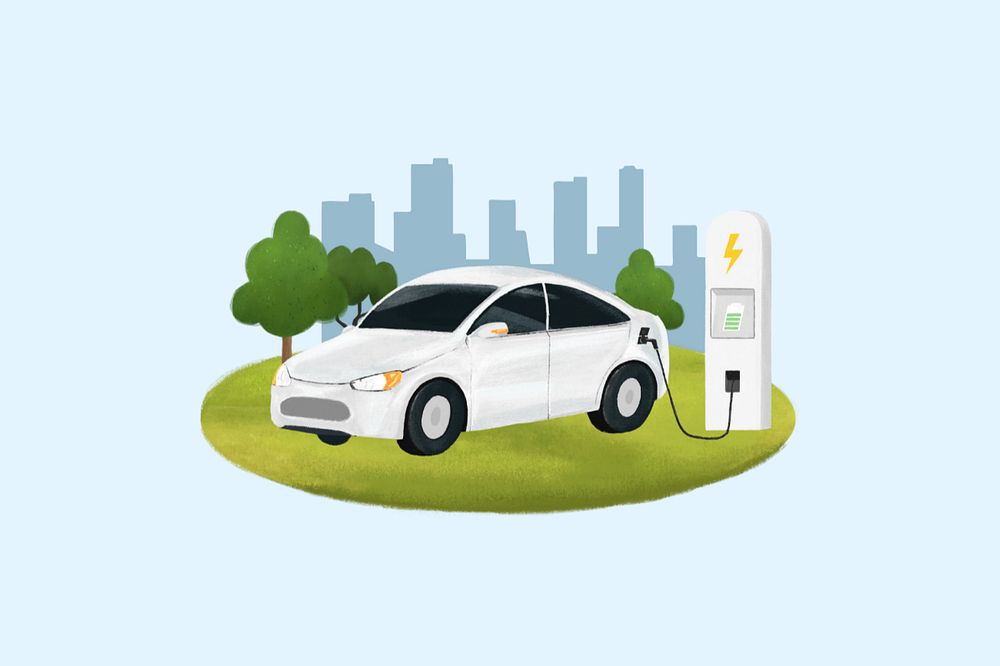 Electric car environment illustration blue background, editable design