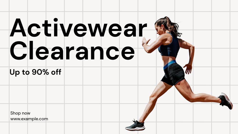 Activewear clearance sale blog banner template, editable text