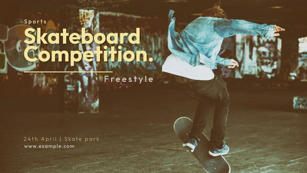 Skateboard competition blog banner template, editable text