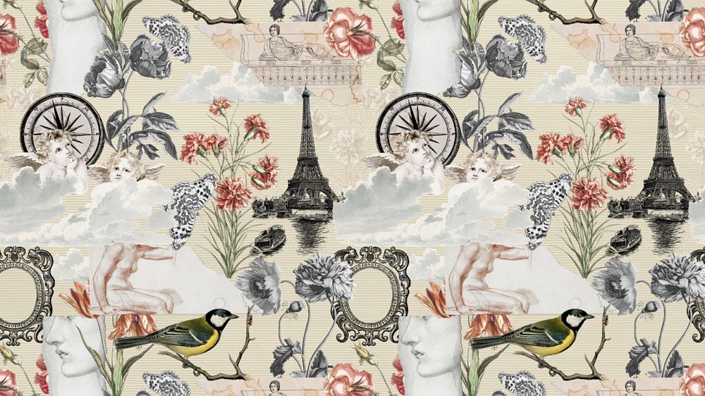 Aesthetic ephemera pattern desktop wallpaper, editable vintage design