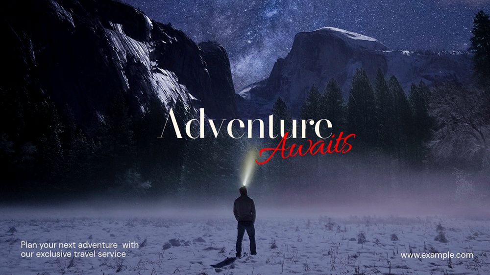 Adventure awaits, travel service blog banner template, editable text