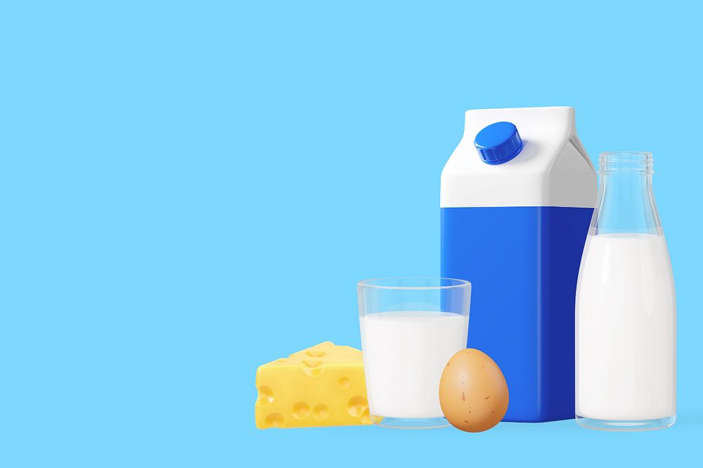 3D dairy products background, milk egg cheese