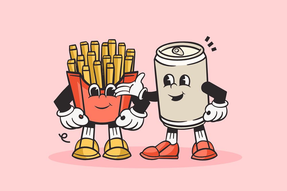 Drink and fries retro illustration, pink editable design