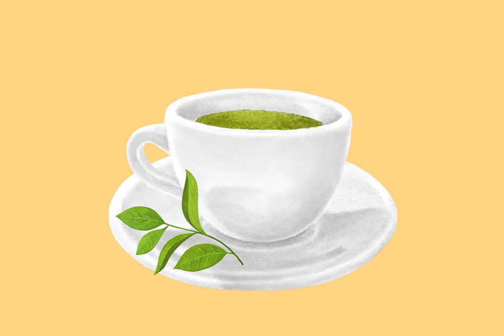 Green tea, hot drinks, yellow background, editable design