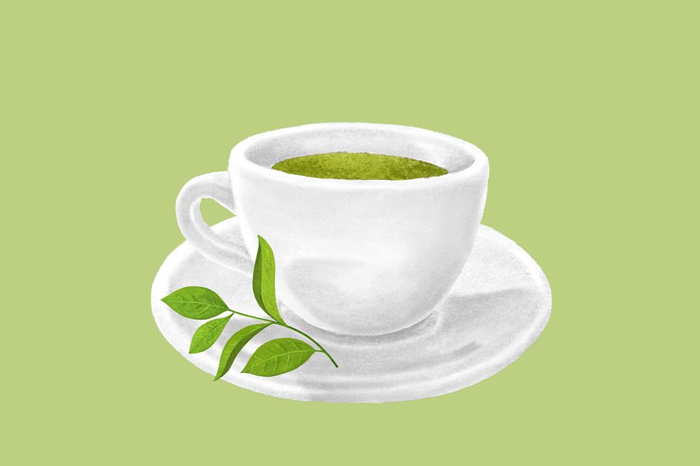 Green tea, hot drinks, green background, editable design