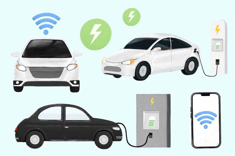 Electric car technology set illustration, editable design