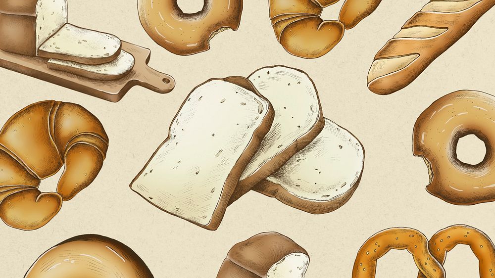 Editable bread desktop wallpaper, food digital paint remix design