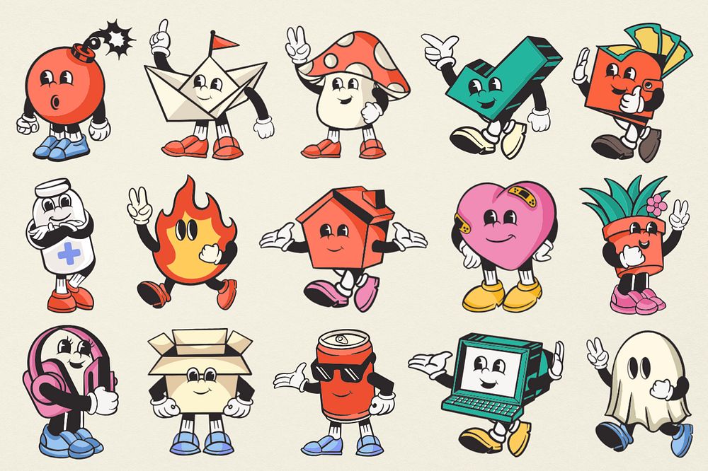 Colorful character set retro illustration, editable design