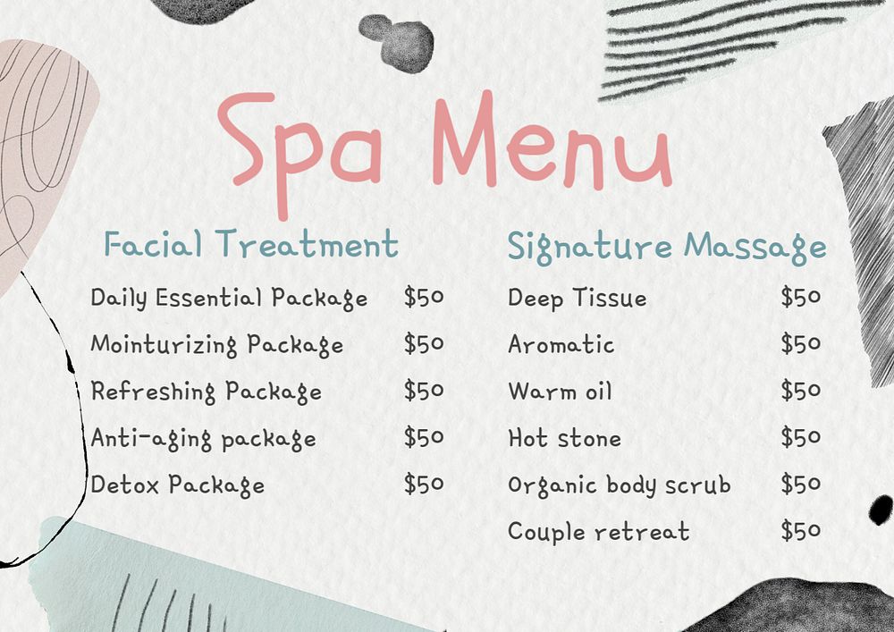 Spa menu template, editable text