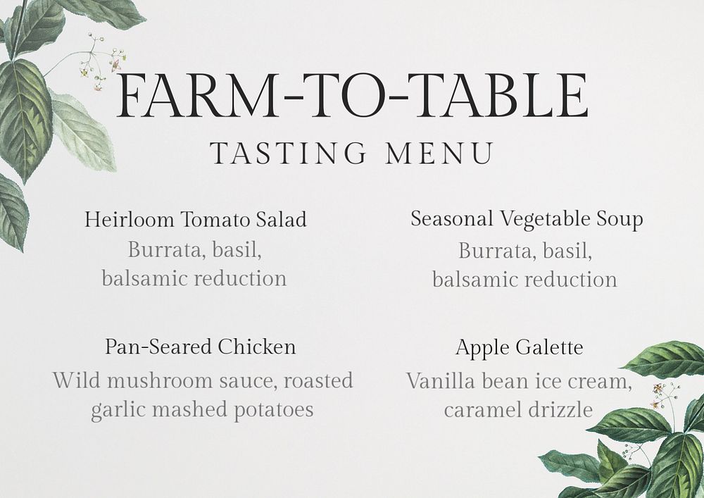 Tasting menu template, editable text