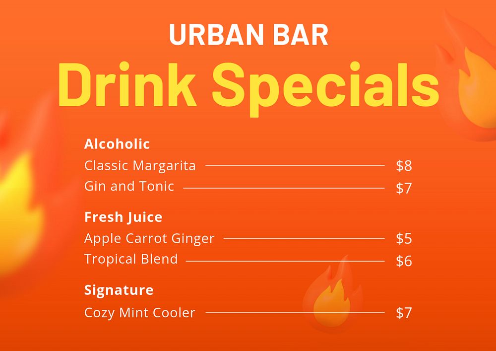 Daily drink specials template, editable text