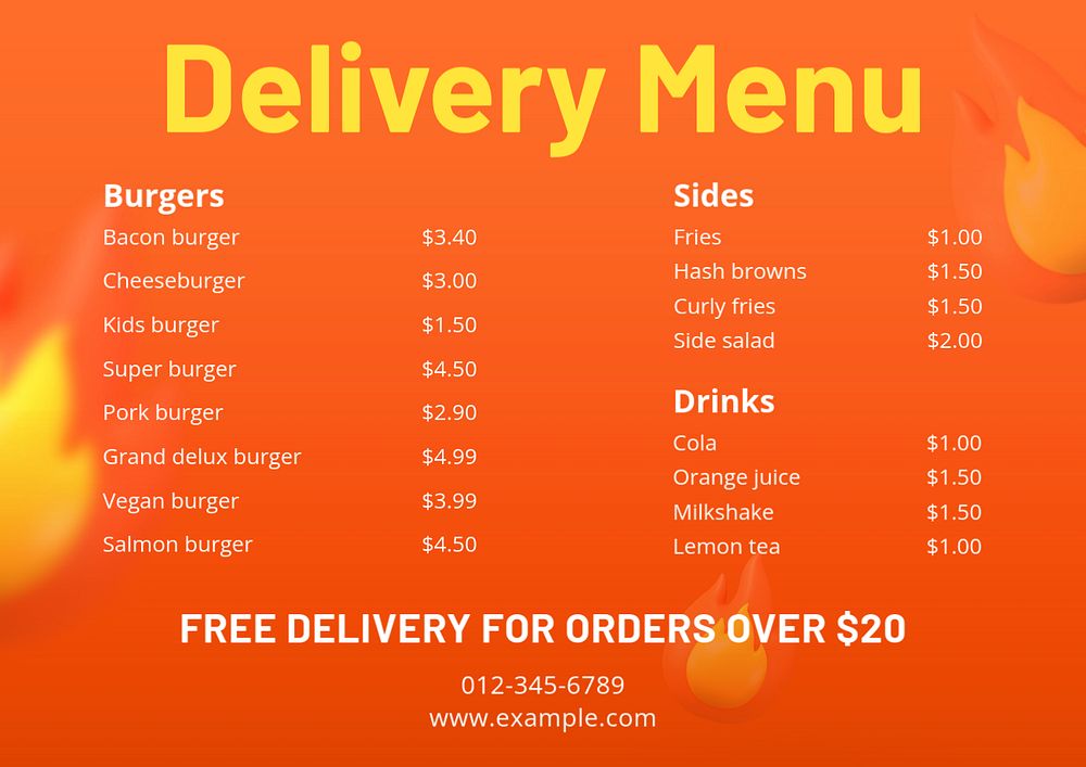 Delivery menu template, editable text