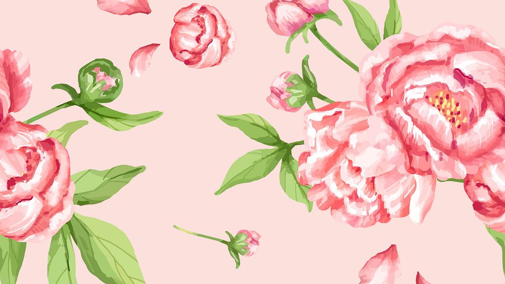 Pink peony desktop wallpaper, editable watercolor flower design