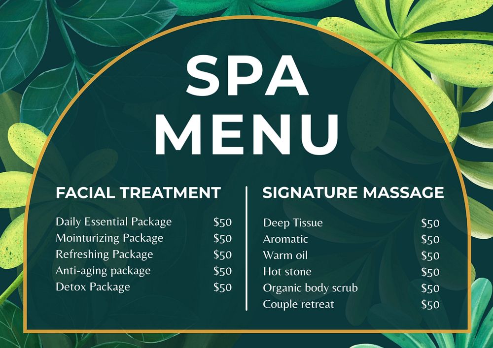 Spa menu template, editable text