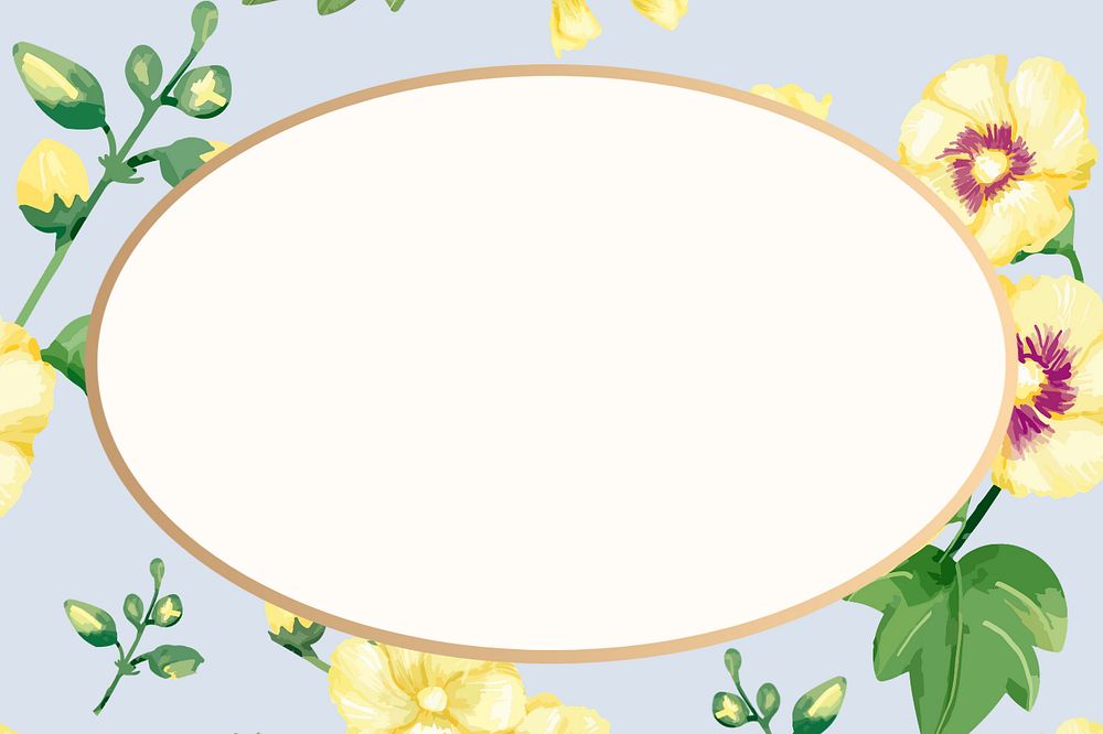 Watercolor yellow hollyhocks oval frame, editable flower design